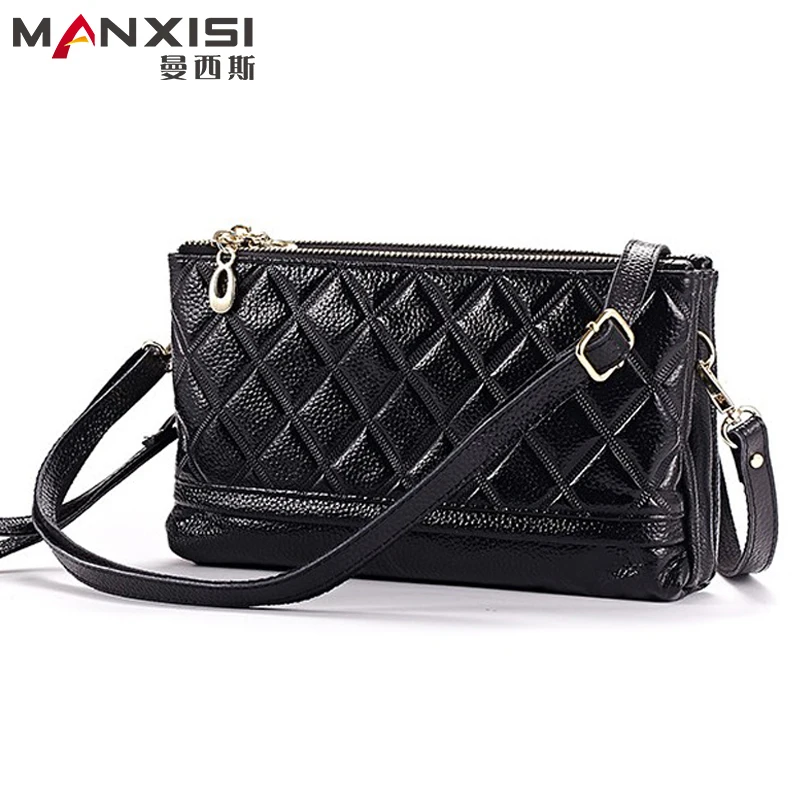

MANXISI Brand Women Messenger Bags Cattle Split Leather Black Diamond Lattice Crossbody Bags Double Zipper Ladies Clutch Purse