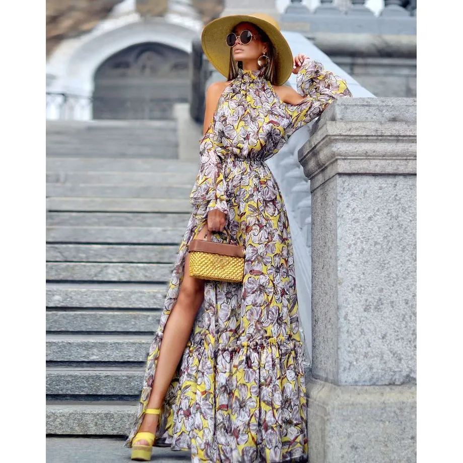 

2019 Women Summer Elegant Splits Long Maxi Dresses Sexy Off-shoulder Beach Dresses Boho Party Night Print Dress