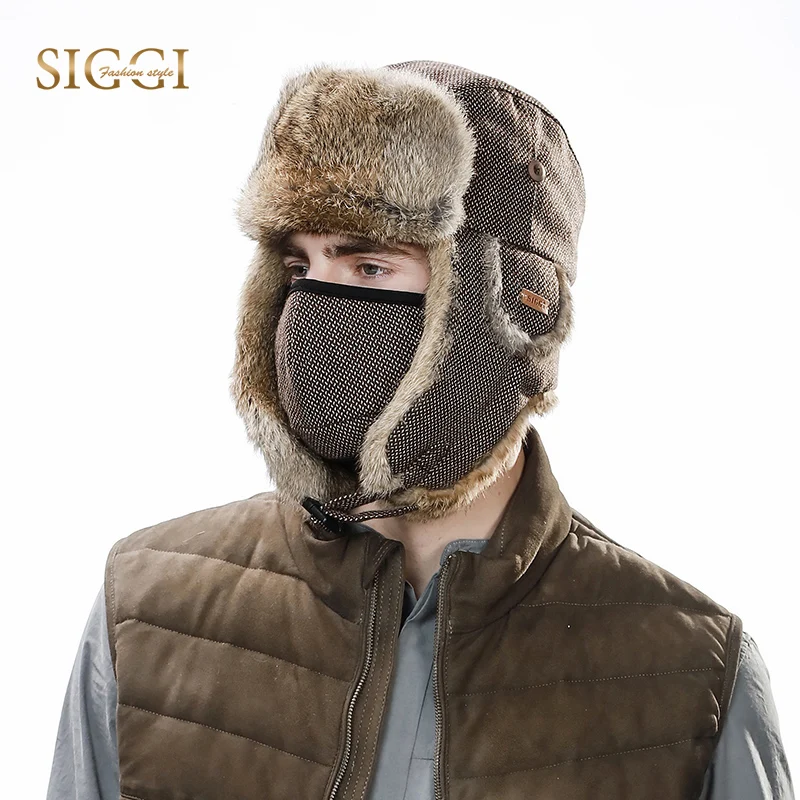 Winter Men Bomber Hat Mask Warm Rabbit Fur Hat Dot Knitted Wool Blend