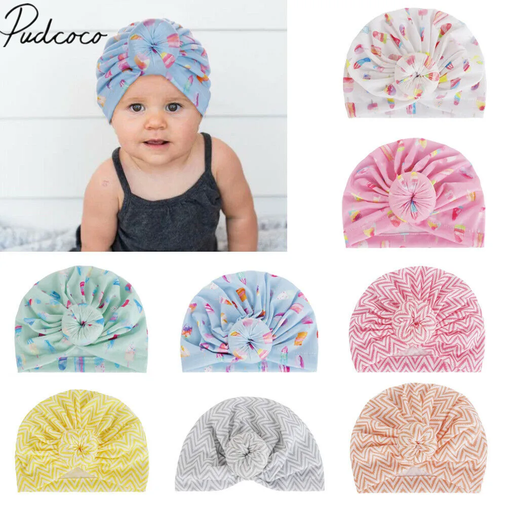 

2019 Baby Accessories Newborn Baby Girls Turban Bow Knot Head Wrap Hat Cotton Cap Candy Color New Boho Caps Ice Cream Print Hats