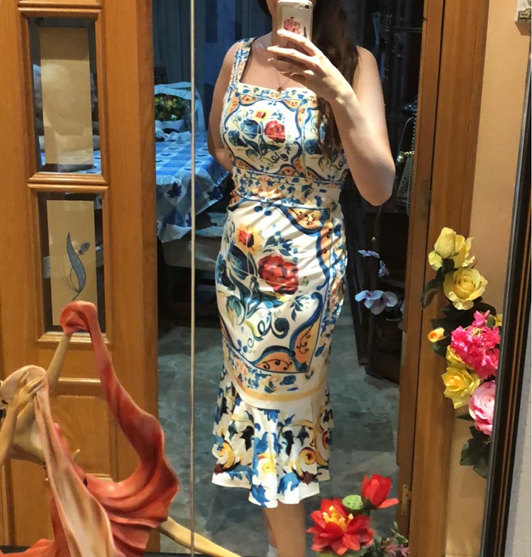 azul e branco porcelana impressão casual trompete