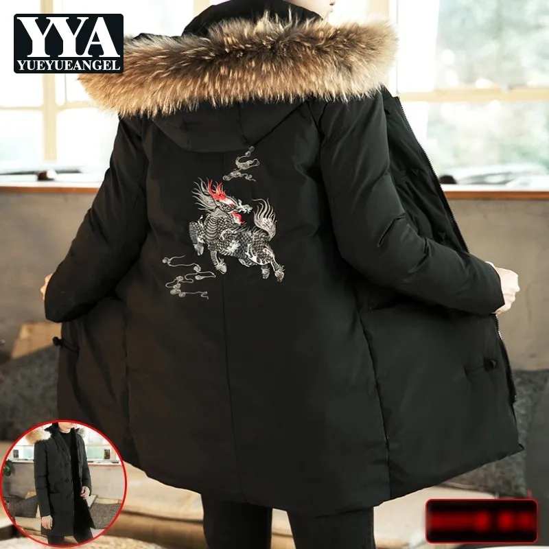 

New Embroidery Chinese Style Hooded Fur Collar Parkas Jacket Mens Warm Thick Winter Long Coat Male Black Green Plus Size M-5xl
