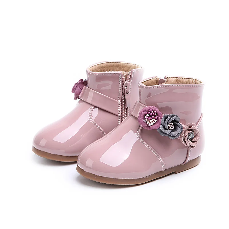 Autumn New Baby Girls Fashion Boots Baby Shoes Cute Flower Leather Low Heeled Boots for Baby Girls Pink Black Color