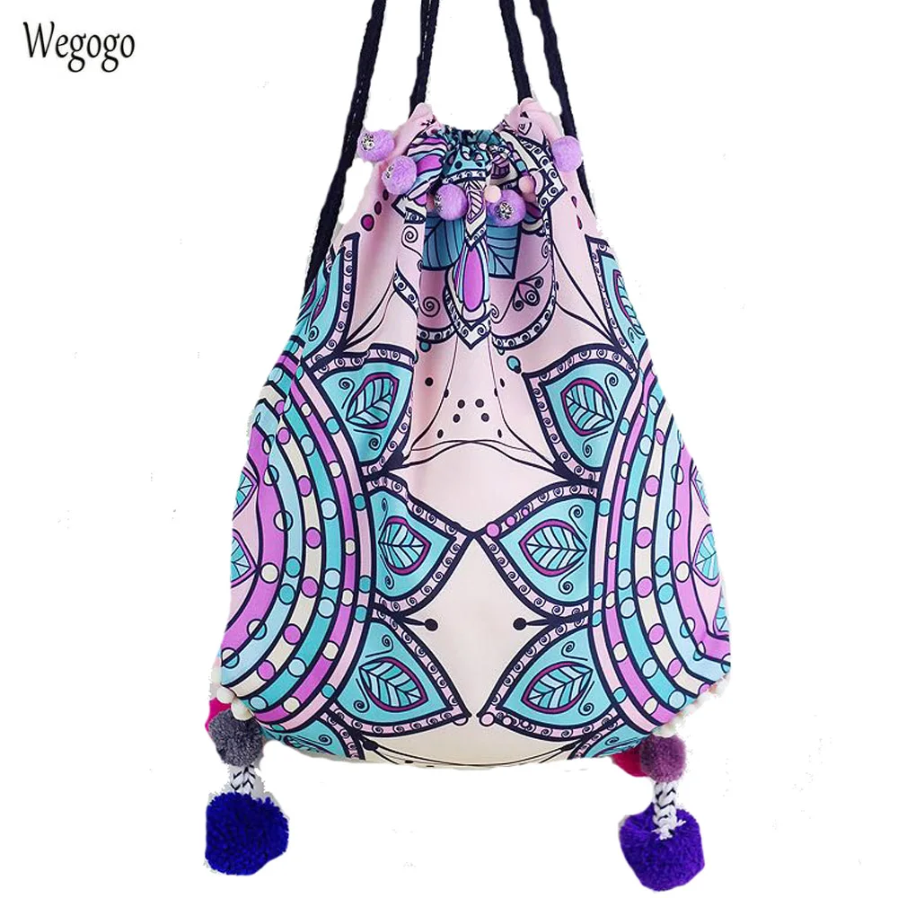 

Women Backpack Bohemian Holiday Beach Bag Original Design Pompon Travel Backpack Shoulder Totem Summer Rucksack