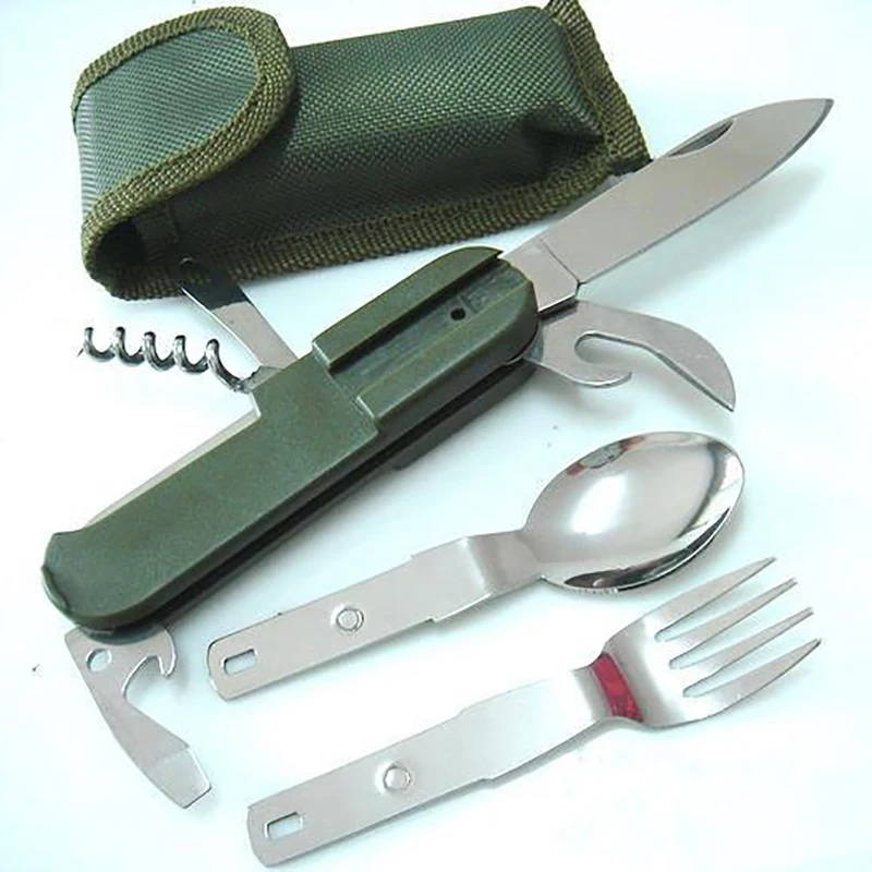Picnic al aire libre vajilla mango deporte tenedor cuchara cuchillo Multi abridor de Camping portátil de acero inoxidable alimentación