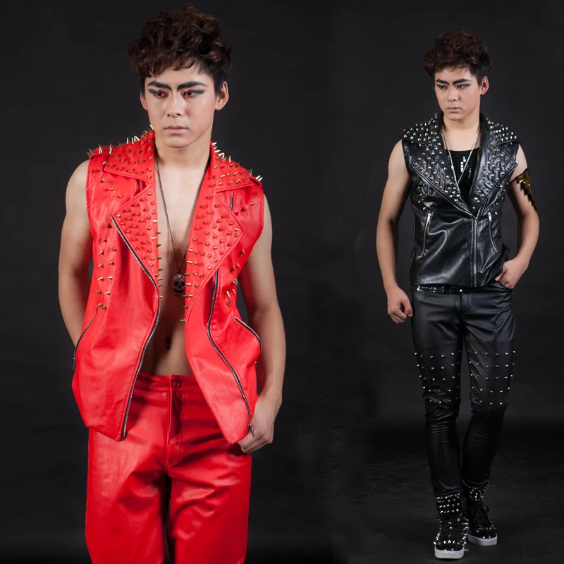 

2015 Mens fashion plus size vest Male singer DJ ds costumes rivet motorcycle leather vest hiphop jazz hip-hop outerwear jacket