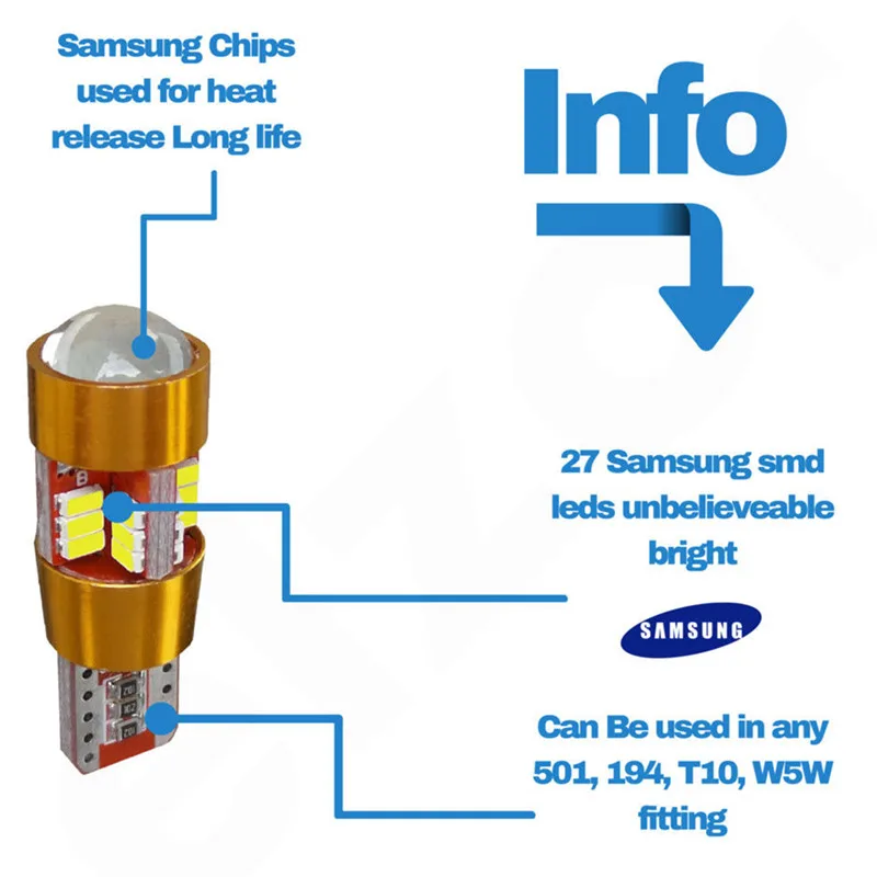 2 шт. T10-3014-501 Led 27Smd супер яркие автомобильные Внутренние огни боковые лампы сильный Canbus постоянный ток DC 12 В