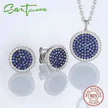 Sistemas de la joyería para Las Mujeres Pequeño Azul Redondo CZ Diamond Collar de joyas Aretes Joyas Pendiente 925 Sterling Silver Jewelry Set