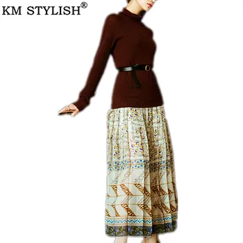 

Early Autumn New Women's Two-Piece Set Caramel Coffee Sweater + High Waist Thin Middle Long Chiffon Print Pleated Skirt