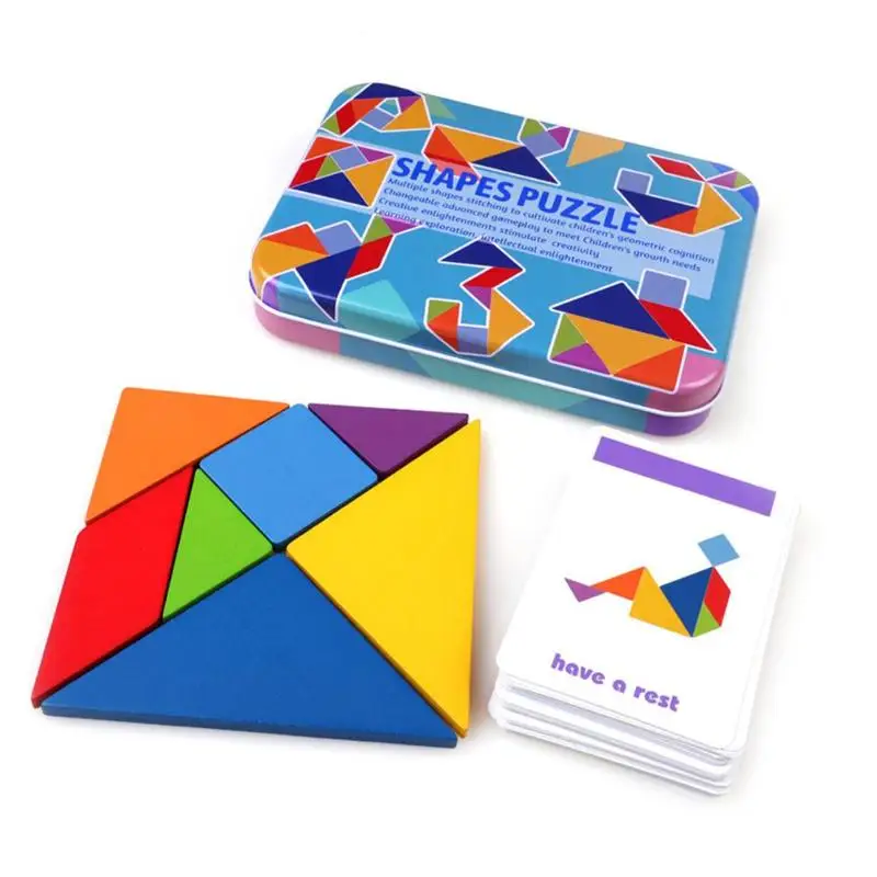 

1 Box Early Education Puzzle Toy 50pcs Graphics Design Wooden Puzzle Variable Tangram Jigsaw Toys Children Double-sided Patterns