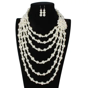 Nueva moda Vintage capas de perlas exageradas collar y pendientes para mujer baquet equisitio vestido de fiesta conjunto de joyas