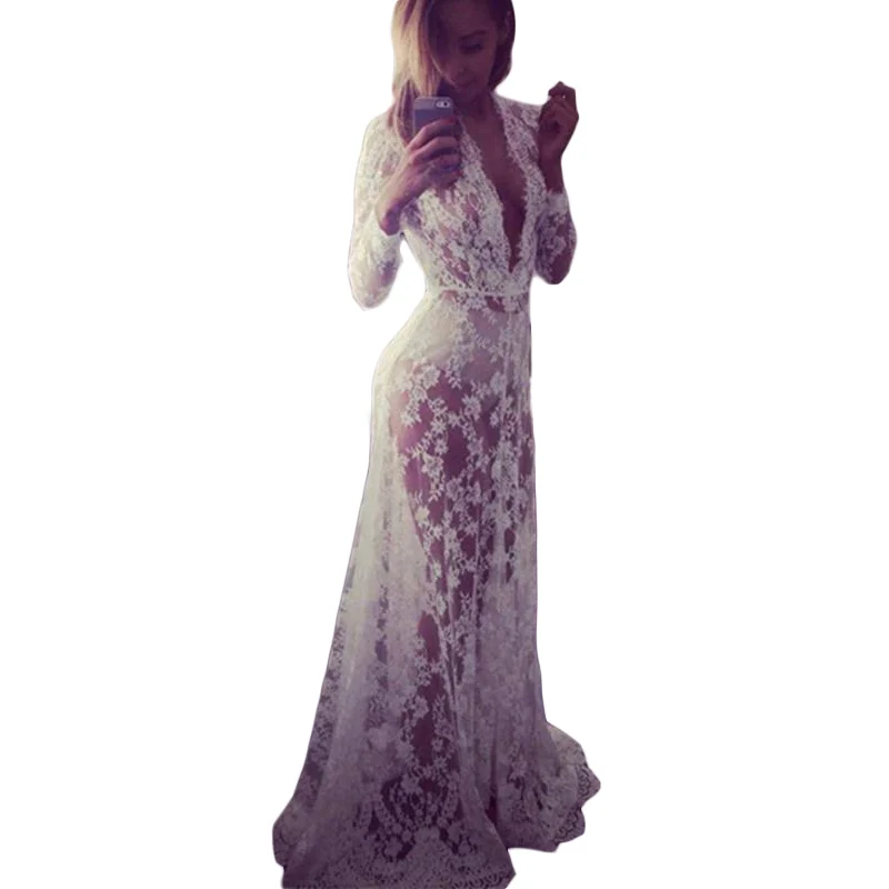 

Europe and America women long lace dresses solid deep V-neck long-sleeved perspective 2018 new arrive summer sexy dresses 9092