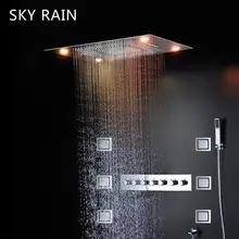 Bathroom LED Spa Massage Shower Head Rainfall Waterfall Mist Rain Curtain Lateral Jets Thermostatic Shower Set hm 20 led shower head rainfall thermostatic shower set 6 massage body jets panel embedded ceiling 3 ways concealed