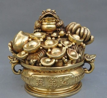 

ymying 1020++++++Chinese brass wealth yuanbao money Golden Toad treasure bowl Rich statue