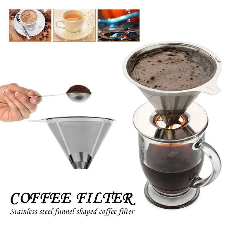 

Stainless Steel Coffee Filter Pour Over Coffee Funnel Brew Drip Tea Filters Metal Mesh Basket Tool Reusable Kitchen Coffeeware