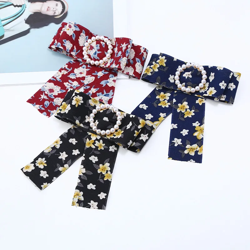 Корейский милый тканевый цветочный галстук-бабочка с принтом длинный большой размер, с бисером жемчужные броши для женщин мужчин платье рубашка Duftgold