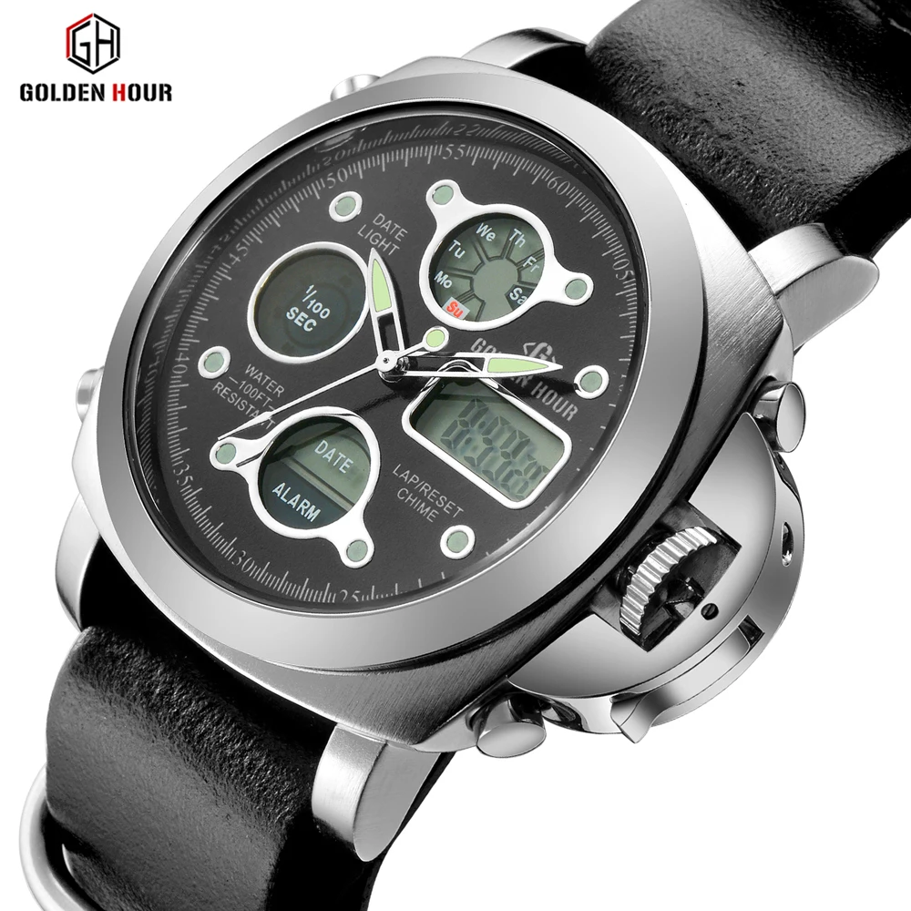 

GOLDENHOUR Brand Sport Mens Quartz Watch Alarm Week Display Leather Stop Watches Male Clock Waterproof Saat Relogio Masculino