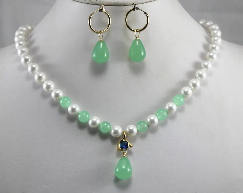 

engagement and party jewelry sets 8mm white shell pearl dotted with light green jade necklace match green jade earrings 5.31