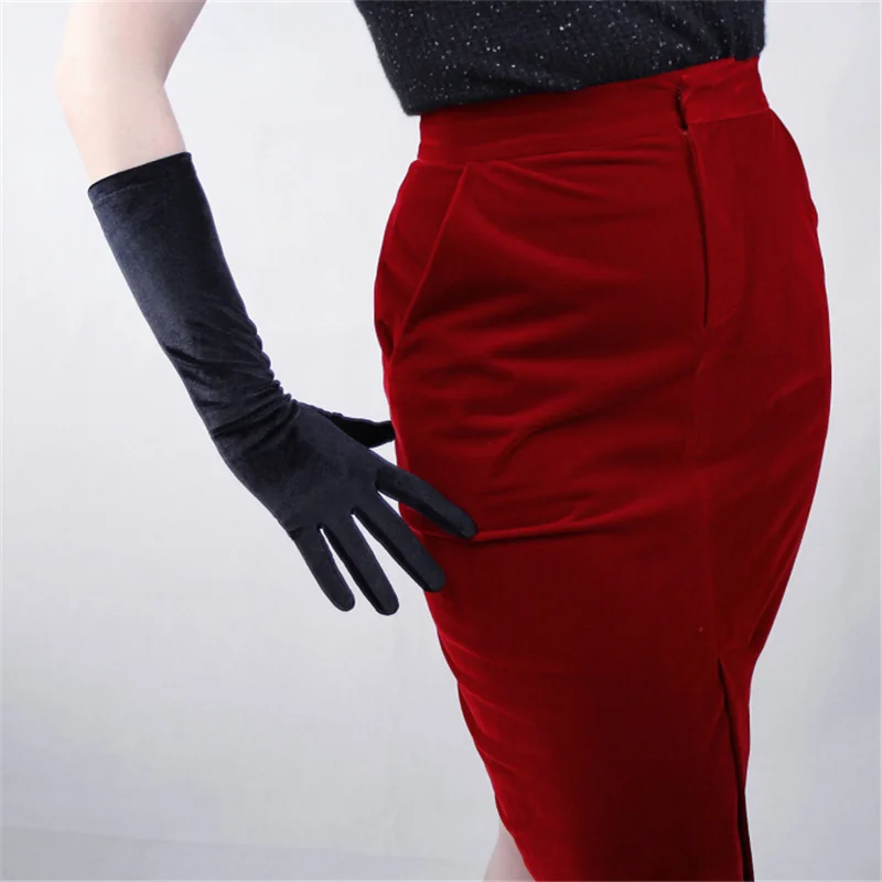 Женские бархатные перчатки 60 см длинные винно-красные выше локтя женские высокие эластичные бархатные золотые бархатные перчатки с сенсорным экраном JHSR60 - Цвет: Black 40CM