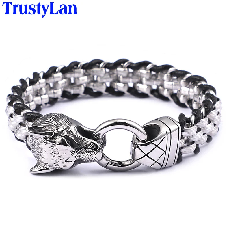 

TrustyLan Wrap Leather Bracelet Men Gift For Him 316L Stainless Steel Punk Rocker Wolf Head Friendship Mens Bracelets & Bangles