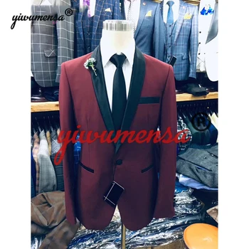 

Y-604 Slim Fit Wine Red Men Suits Black Shawl Lapel Jacket With Pants Wedding Suits For Man Custom Made Trajes De Hombre 2019