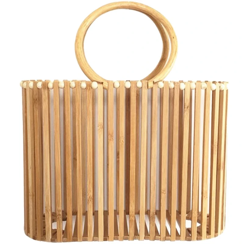

Women'S Bamboo Tote Round Rattan Handle Hollow Summer Beach Bag Bamboo Bag