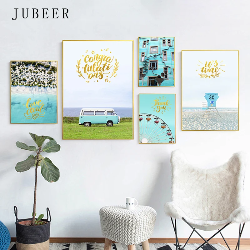 

Nordic Blue Landscape Combination Decoration Painting Modern Minimalist Letter Living Room Photo Wall Art Poster and Prints