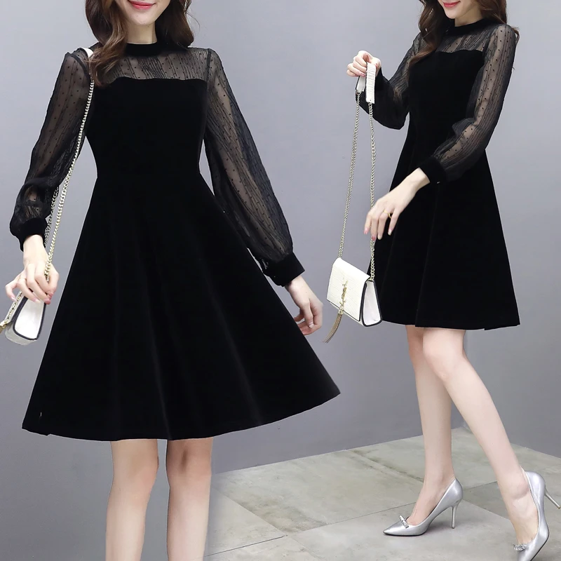 new mesh lace midi dress women gold velvet dress spring and autumn black Party dress French retro dresses robe femme clothes new mesh lace midi dress women gold velvet dress spring and autumn black Party dress French retro dresses robe femme clothes