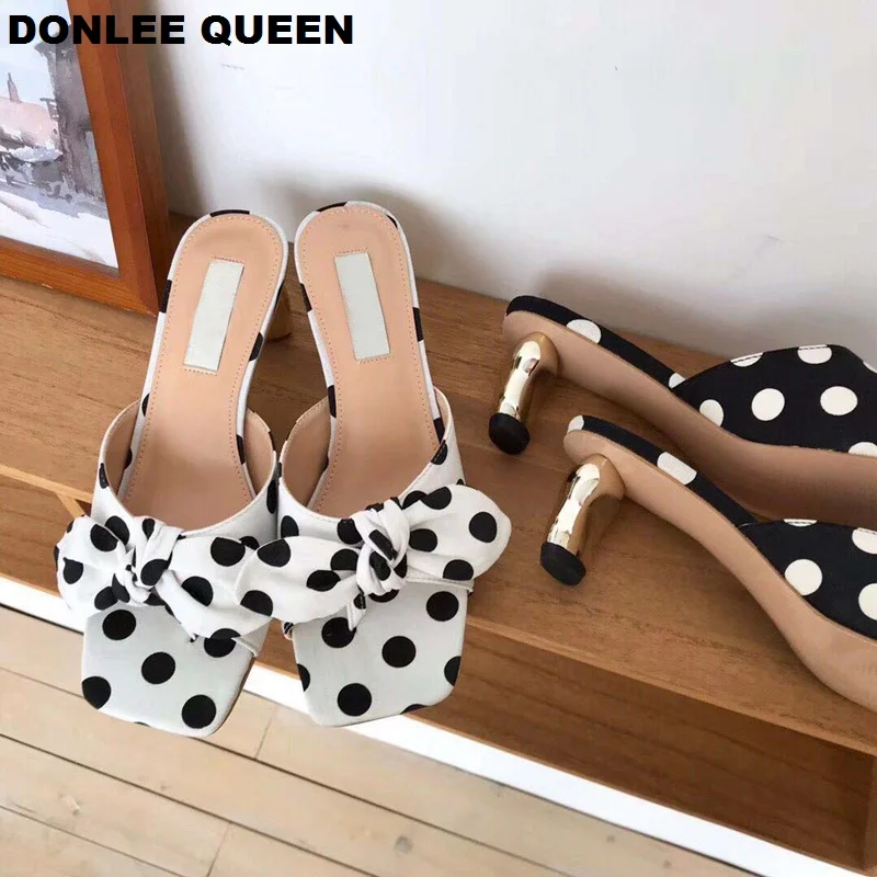 

Women Metal Heel Slippers Med Heel Sandals Shoes Bow Tie Mules Slip On Slides Polka Dot Dress Party Shoes sandalias mujer 2019