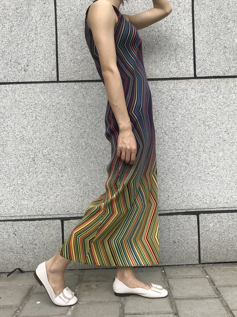 Changpleat 2019 летнее платье в полоску с геометрическим принтом miяка плиссированные