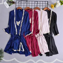 Для женщин атласные пижамы с груди колодки шелковый халат и платье комплекты сексуальное ночное Халат Свободный домашняя одежда для Для женщин покрытие Халат