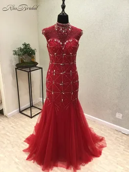 

Amazing New Style Long Prom Dresses 2020 High Neck Cap Sleeve Floor Length Beaded Tulle Evening Party Dresses Vestido de festa