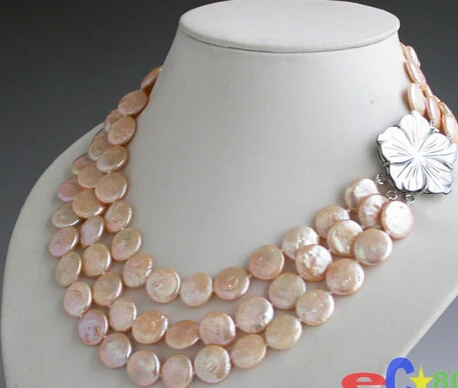 

FREE SHIPPING 3row 14mm pink coin freshwater cultured pearl necklace p2855