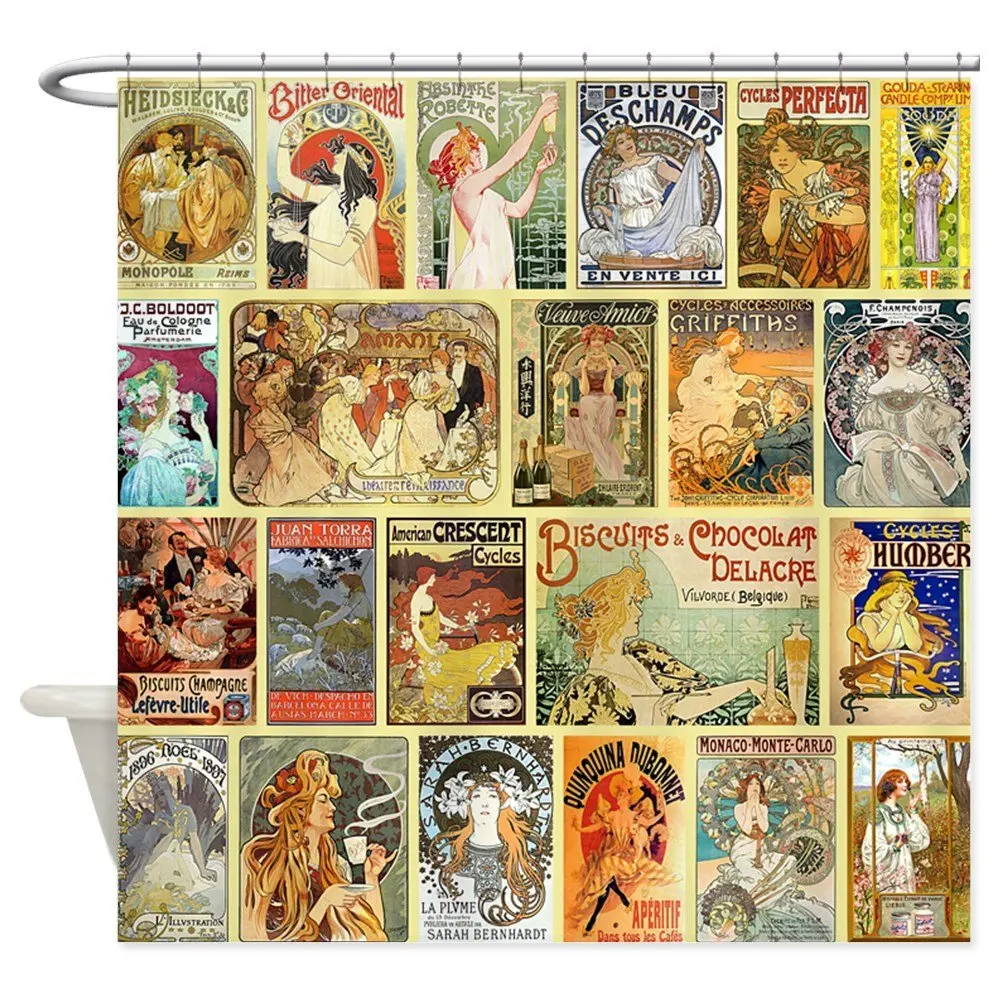 

Art Nouveau Advertisements Collage Decorative Fabric Shower Curtain Bath Products Bathroom Decor with Hooks Waterproof