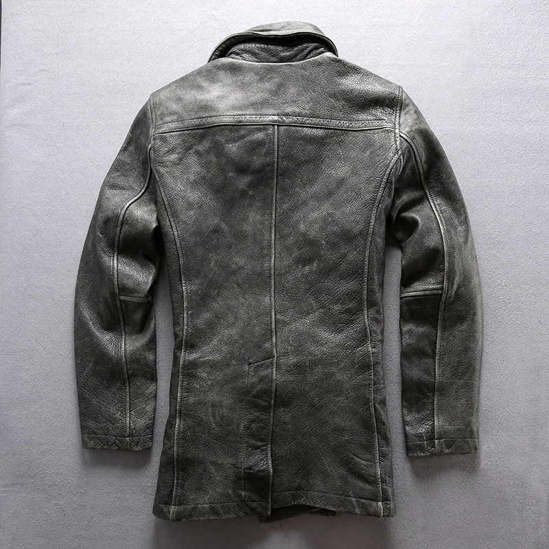 Great Value Read Description! Asian size mans winter genuine cow leather jacket men's classic gray cowhide leather pea coat