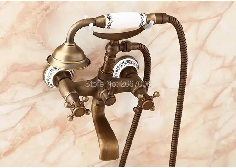 Классический античная латунь поворотный кран с фарфор ручной душ телефон Дизайн Ванна смеситель для душа Установить gi214