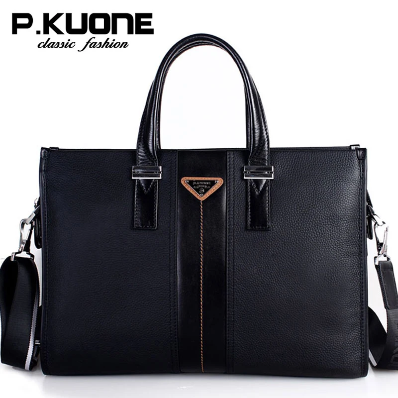 Free Shipping  P.Kuone Brand Men Bag Genuine Leather Handbag Business Men Briefcase laptop bag shoulder bags