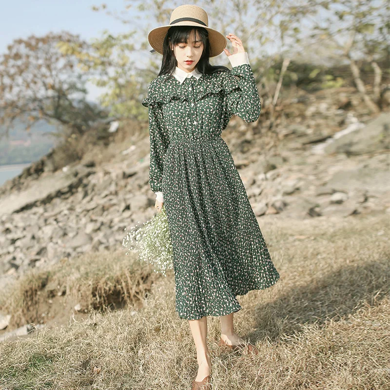 Корейское милое весенне-осеннее женское платье Prairie шикарный цветочный принт великолепное шифоновое платье с длинным рукавом элегантное женское платье с оборками