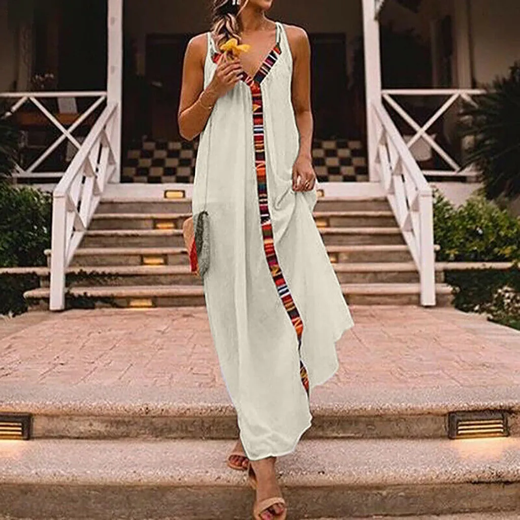 Модное женское пляжное платье с v-образным вырезом без рукавов Sukienka Boho, однотонное повседневное Хлопковое платье Caims Maix