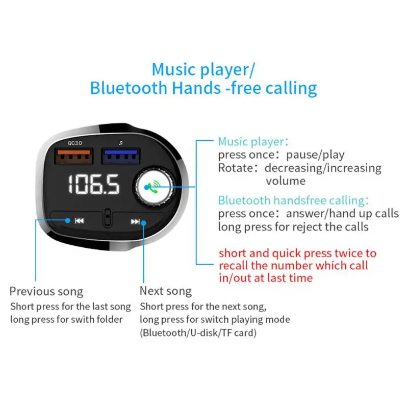 T61 Bluetooth Handsfree Car Kit fm-модулятор MP3 плеер 3A QC3.0 + 1A USB Зарядное устройство