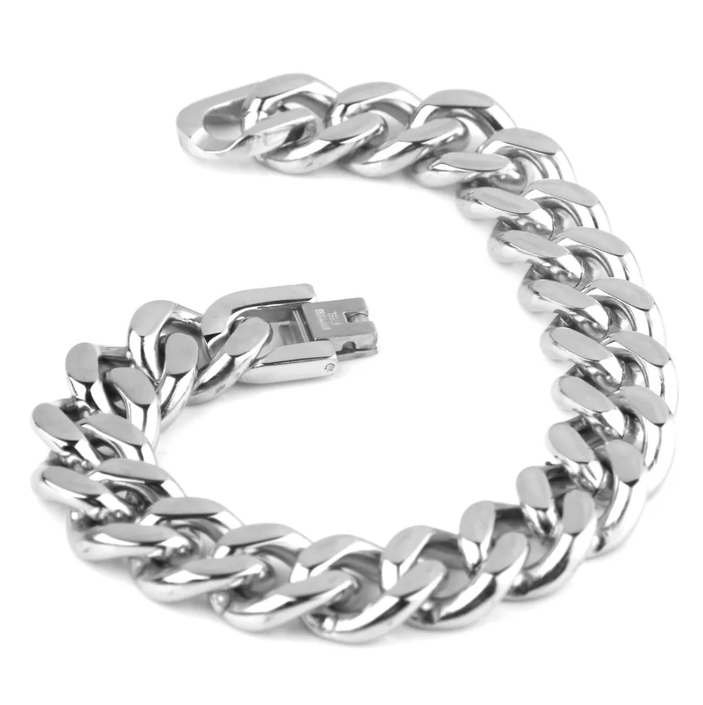 cheap 15mm Wide Silver Color Stainless Steel Curb Cuban Link Chain 7 11 Inches Free Choose Bracelet amp;Bangle For Male Cuff Jewelry