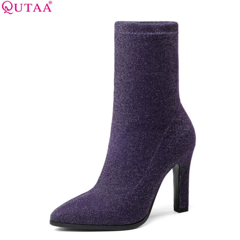 En Ligne QUTAA 2019 Femmes Chaussures Mi mollet Bottes De Mode Stretch Tissu Mince À Talons Hauts Pointu Orteil Chaussette Bottes D hiver Femmes Bottes taille 34 43