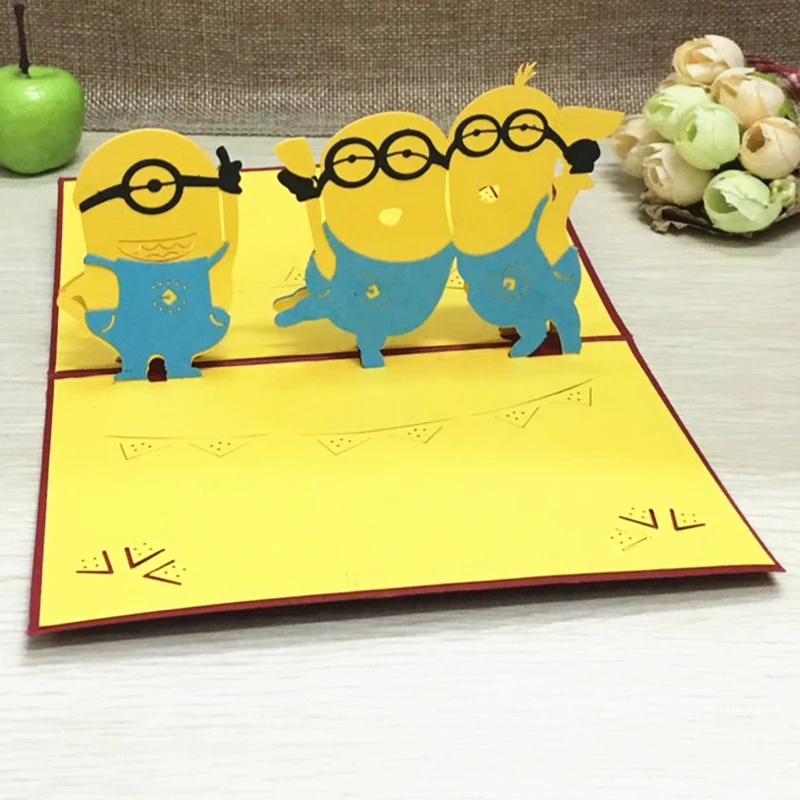 1pcs Sample Minions Postcard Greeting Gift Cards Kraft Kirigami 3D Handmade Pop Up Laser Cut with Envelope Kids Birthday Gifts (4)