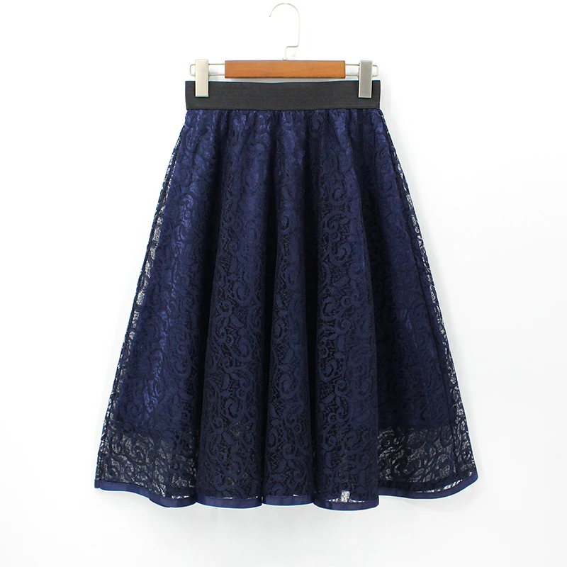 

2018 Floral Embroidered Skirts Hollow Out Lace Tutu Women Blue Skirt Vintage High Waist Midi Ball Gown