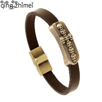 

New trendy Minimalist vintage leather bracelets Alloy skull cross genuine cow corium snaps jewelry aliexpress sell wristband