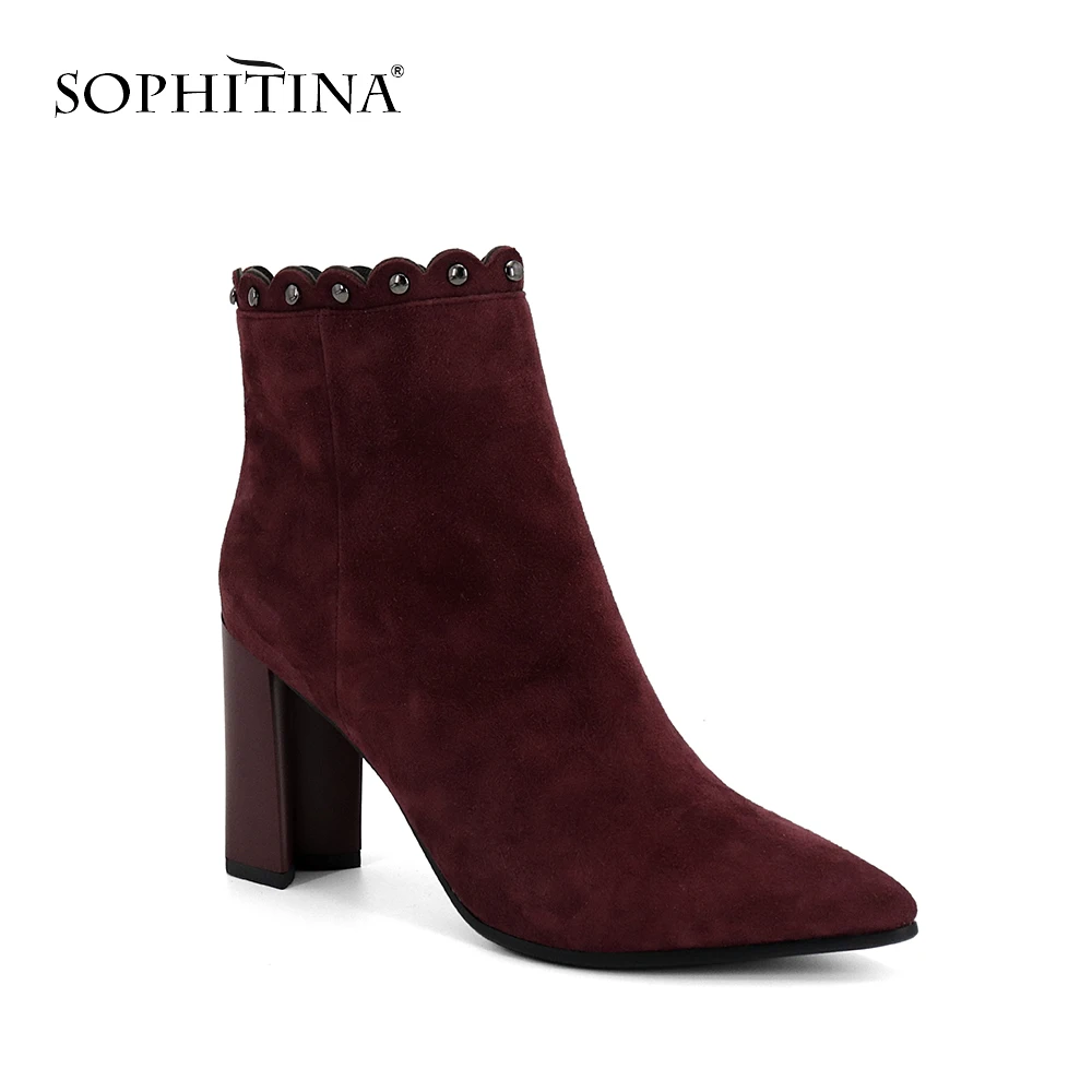 

SOPHITINA Hot Rivets Decorated Fashion Classic Kid Suede Ankle Boots Sexy Pointed Toe High Heel Women Shoes Zip Winter Boots M83