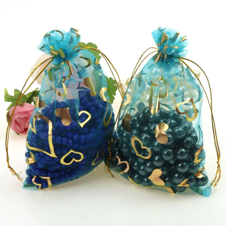 FANLUS 4.36.3 inch Gift Bags Heart Blue Sheer Organza Jewelry Pouches Wedding Party Favor Gift Bags  Drawstring Pouches   (8)