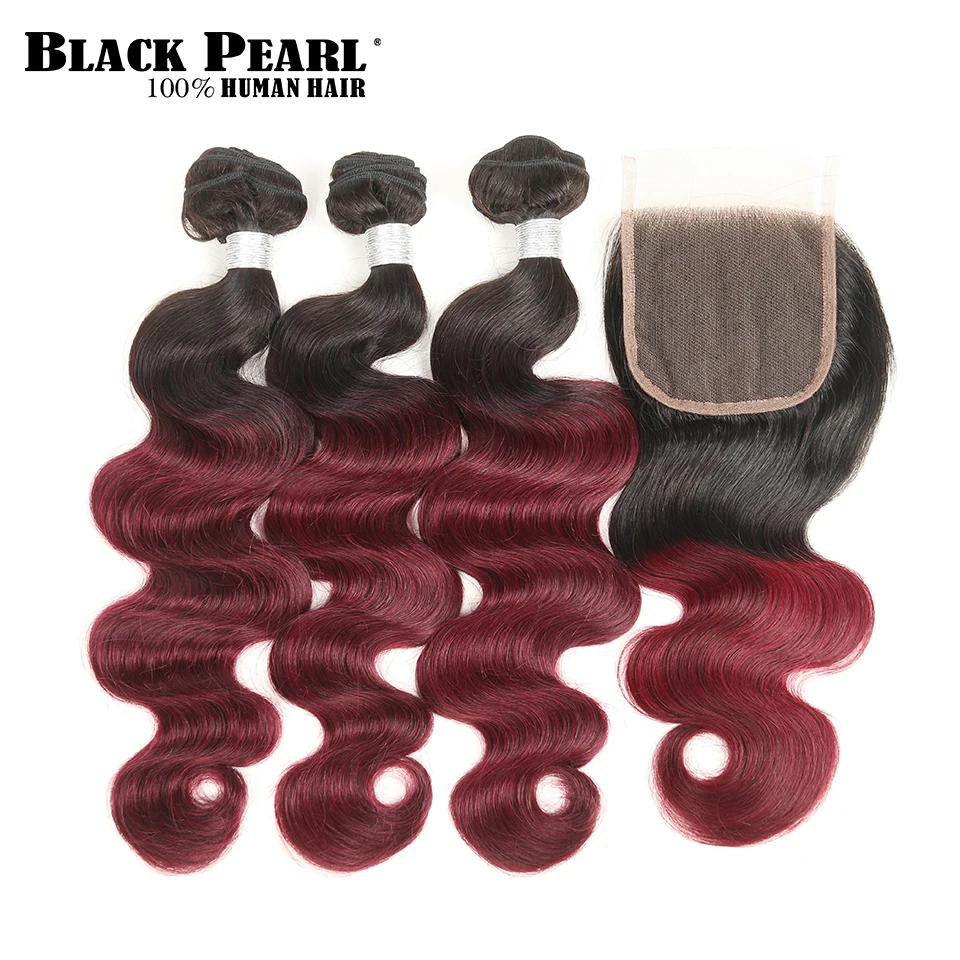 Black Pearl Pre-Colored Ombre Body Wave Human Hair Bundles With Closure Remy Human Hair 3 Bundles T1B/99j 4x4 LaceLace Closure brazilian-body-wave-hair-bundles