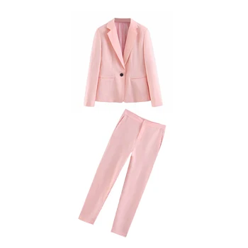 Women's two-piece solid color casual long-sleeved one button blazer + high waist straight trousers 2 piece outfits for women black solid color swimwears two piece outfits