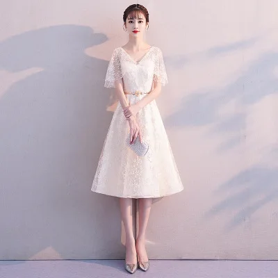 Элегантные платья невесты цвета шампанского для свадебной вечеринки, длинные тонкие платья Cheongsam с коротким рукавом и v-образным вырезом, Восточное винтажное платье Qipao, размер XS-2XL